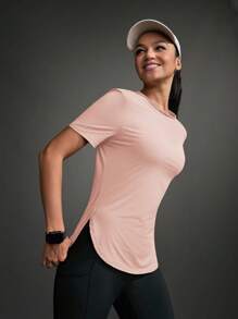 女士休闲运动网眼拼布圆领短袖 T 恤 - 珊瑚粉 - 查看 12