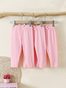Pantalones casuales y versátiles de unicolor para bebé niña con decoración de moño - Rosa Pálido - Ver 3