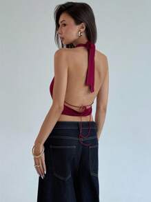 Aloruh Halter Tie Sexy Deep V Backless Chain Music Festival Sexy Babe Women Tank Top - Baby Pink - View 8