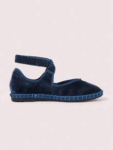 CUCCOO DOLLMOD CUCCOO Women's Navy Blue Velvet Comfortable Soft Criss-Cross Mary Jane Flats For Christmas Spring Shoes - Dusty Blue - View 6