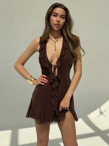 Aloruh 女士纯色荷叶边 V 领露背迷你连衣裙 - 咖啡 - 查看 6