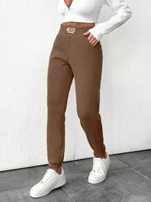 RueChic Solid Elastic Waist Termal Sweatpants For Autumn & Winter - Mocha Brown - View 4