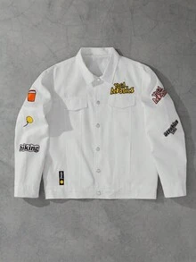 Manfinity EMRG 男士字母印花长袖单排扣休闲牛仔夹克，街头潮流衬衫，工作衬衫，补丁衬衫，男士工作衬衫，动漫纽扣衬衫，秋季 - 白色 - 查看 3