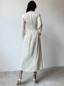 Firerie 女式朴素杏色优雅度假不对称领口垂坠露肩不对称无袖连衣裙，适合春夏秋冬，沙滩装，机场装，度假装，教师装 - 杏色 - 查看 2