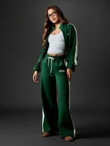Missguided x Playboy Vintage Style Wide Leg Sweatpants Racing Stripe Side Panel Contrast Retro Track Pants Joggers With Drawstring Elastic Waist Double Side Pockets Fall Winter - Green - View 3