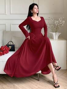 Feyla Women's Elegant Ruched Waist A-Line Dress,Fall Dresses For Women - Burgundy - View 5
