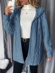 SHEIN Clasi Women's Solid Color Minimalist Daily Long Sleeve Hooded Textured Fleece Jacket In Fall/Winter - Dusty Blue - View 9