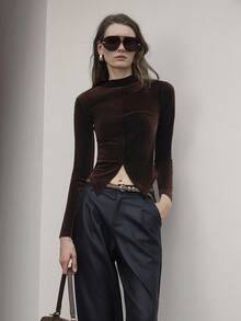 Uhlyne 女士优雅复古硬币型端庄时尚基本款高领不对称下摆修身通勤衬衫