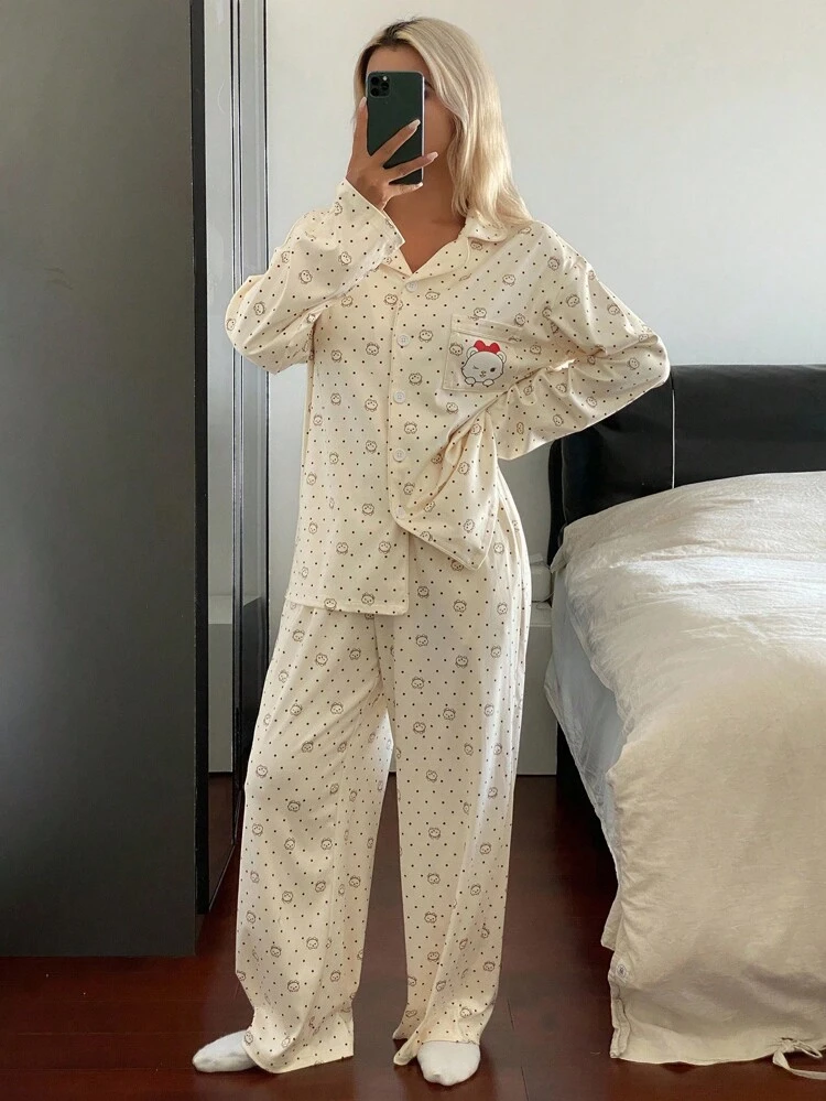 2pcs Women Loose Fit Cat Print Long Sleeve Top & Pants Pajama Set, Fall Clothes