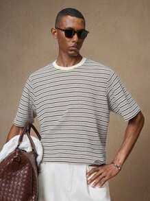 AKNOTIC Business Casual Áo thun nam cổ tròn tay ngắn họa tiết sọc rộng rãi, thoải mái, phù hợp cho mùa hè - Xám - Xem 3