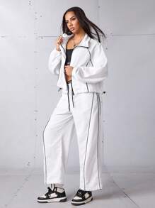 SHEIN Sports 女士运动套装、返校装、毕业典礼、返校装、女士运动和瑜伽时尚运动服女士套装、慢跑和户外休闲装女士健身套装女士健身套装宽松版型、夹克和裤子套装、运动服 - 白色 - 查看 3