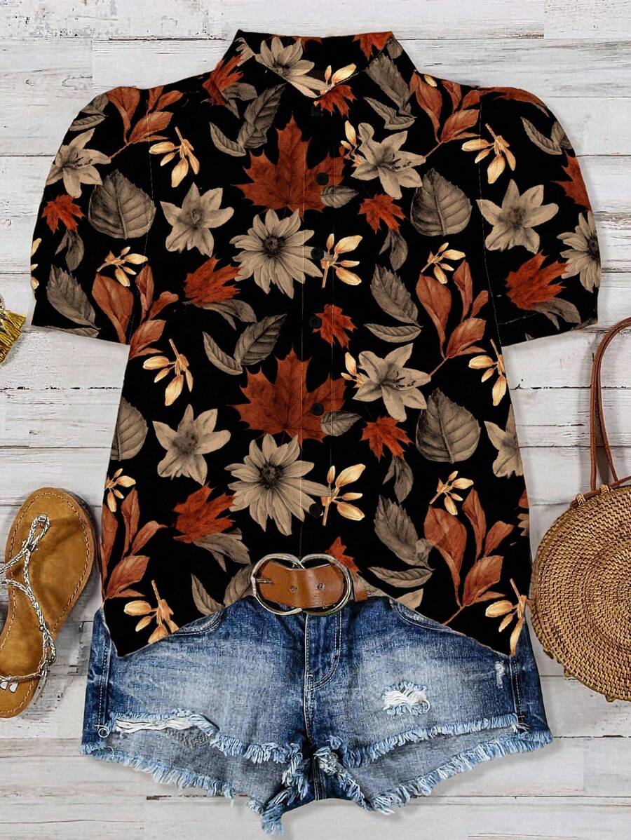 EMERY ROSE Plus Size Floral Print Shirt For Casual Summer Fall Chic Blouses For Women