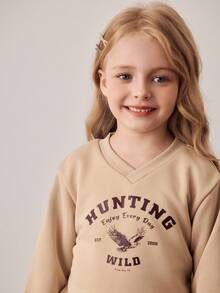 PrepCrw Young Girl V-Neck Khaki Sweatshirt, Collegiate Style Autumn Fall - Khaki - View 5