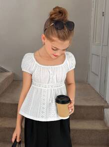 SHEIN Tween Girls Knit Textured Jacquard Ruched Ruffled Trim White Casual Blouse, Vacation/Country Style, Back-To-School, Sweet Top