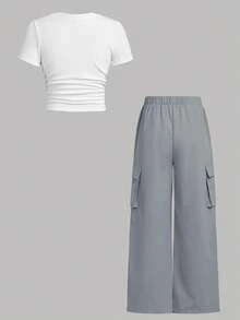 SHEIN Girlism Teen Girl Ribbed Ruched Short Sleeve T-Shirt & Ruched Pocket Pants 2 Pieces Casual Set Girld Outfit Set Clothes Set Outfit Girls Outfits - Light Grey - View 2