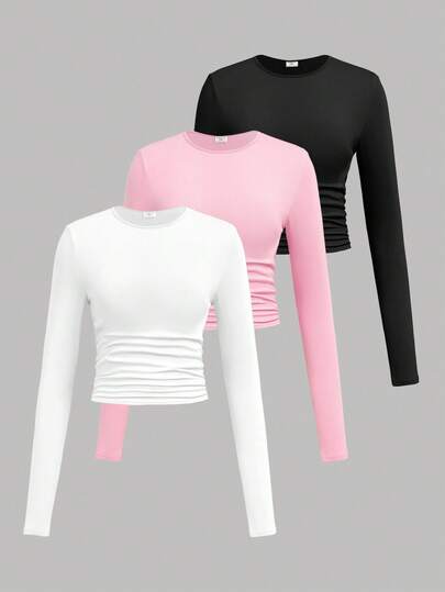 SHEIN Girlism 3pcs/Set Teen Girl Solid Color Crew Neck Ruched Long Sleeve T-Shirts Fall Winter