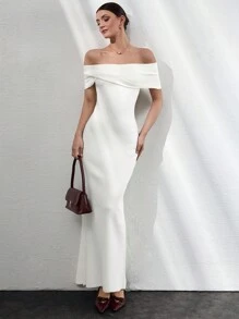 CLARA VERO Casual Off Shoulder Bardot Neckline Twist Detail On Neckline Maxi Back Slit Maxi Dress For Special Occasions,Petite - White - View 4