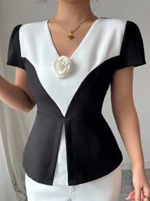 Elenzga Black & White Color Block 3D Rose Flower Elegant Blouse - Black and White - View 4