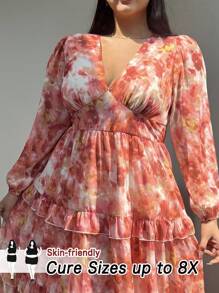SHEIN CURVE+ 大码V领长袖全印花百褶休闲连衣裙长款女装 - 彩色 - 查看 1