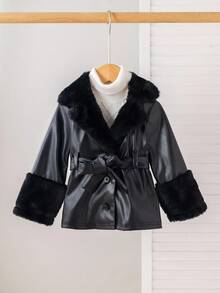 TaviRue Mommy And Me Matching Outfits(2 Pieces Are Sold Separately)Babygirl Cute Black PU Leather Jacket With Fleece Collar, Back To School,Autumn/Winter Fall - Black - View 4