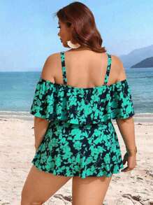 Swim Lushoire Plus Size Random Print Off Shoulder Adjustable Strap 2 Pieces Modest & Fashionable Tankini Swimsuit For Summer Beach Vacation - Green - View 2