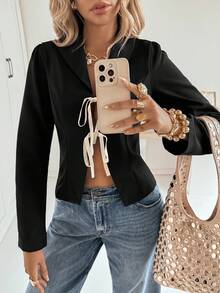 Siren Gaze Áo khoác blazer nữ cổ chữ V kiểu Pháp màu tương phản, buộc dây phía trước, tay dài, buộc dây, thời trang, đa năng, áo khoác blazer quấn crop top, thích hợp mặc đi làm hàng ngày. Áo khoác blazer phối nhiều lớp cho mùa thu, hàng mới về mùa thu đông., mặc hàng ngày và phối nhiều lớp, mặc khi trở lại trường, quần áo nữ mùa thu, áo dễ thương, áo đi chơi cho nữ, phong cách cổ điển cho nữ, áo khoác blazer thường ngày, phù hợp cho mọi mùa - màu đen - Xem 5