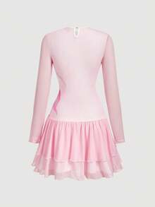 SHEIN MOD Pink Floral Cute Tea Party Autumn Women's Dreamy Oversized Mesh Long Sleeve Slim Dress,Double-Layered Cake Skirt,Date,Prom,Birthday Outfit - Pink - View 2
