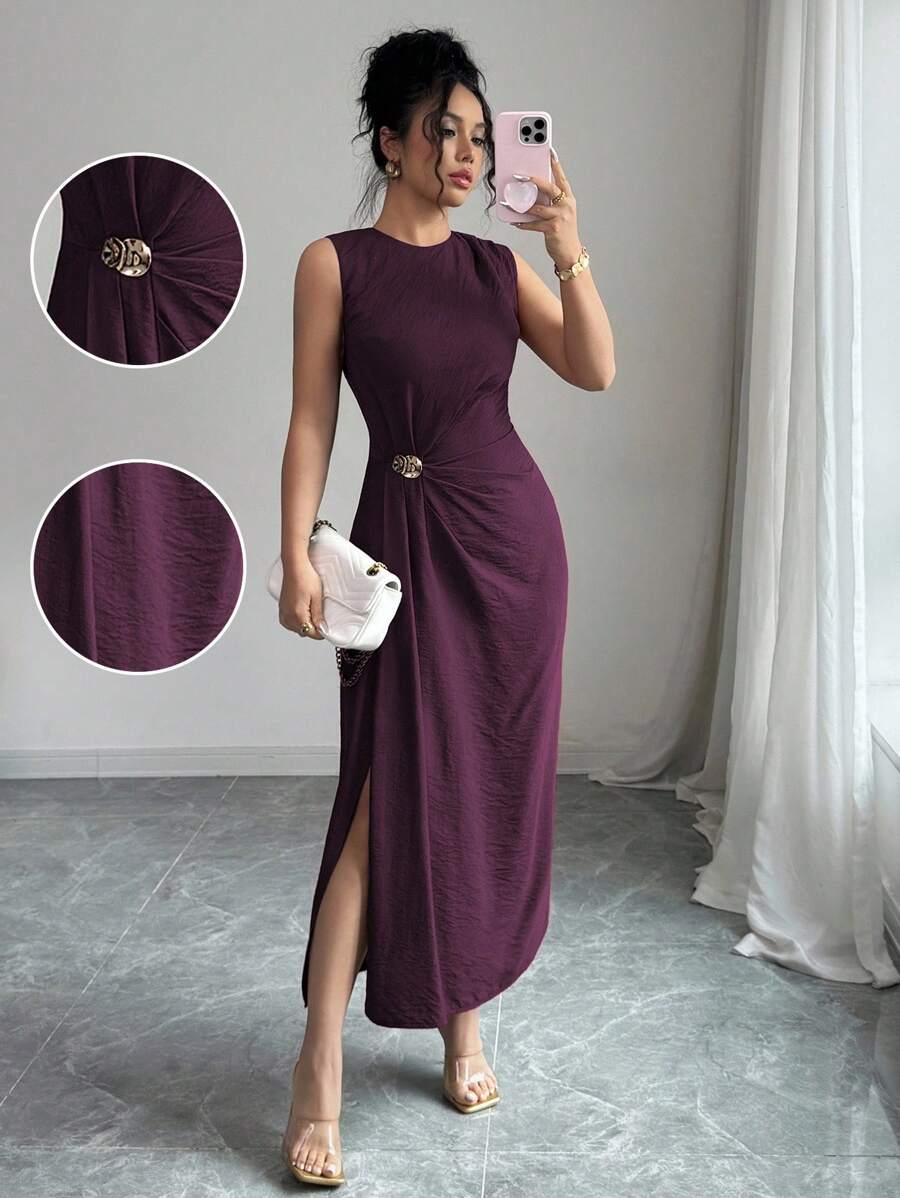 Elenzga 女士优雅简约纯色无袖中长连衣裙，褶皱细节，金属扣装饰，适合通勤、商务、休闲、度假、下午茶 - 紫紅色 - 查看 1