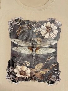 Áo thun cổ tròn tay ngắn phong cách Bohemian họa tiết chuồn chuồn và hoa cho nữ - Màu be - Xem 4