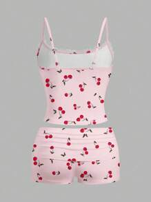 SHEIN Essnce Conjunto de 2 piezas de camiseta de tirantes de encaje con estampado de cerezas y shorts fruncidos, adecuado para el verano - Rosa - Ver 2