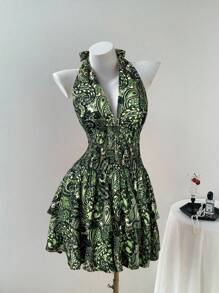 Elamini فستان كاجوال للنساء بياقة على شكل حرف V بدون أكمام وخصر مرتفع مزخرف بنقشة زهور صغيرة، مناسب للربيع والصيف - متعدد الألوان - مشاهدة 1