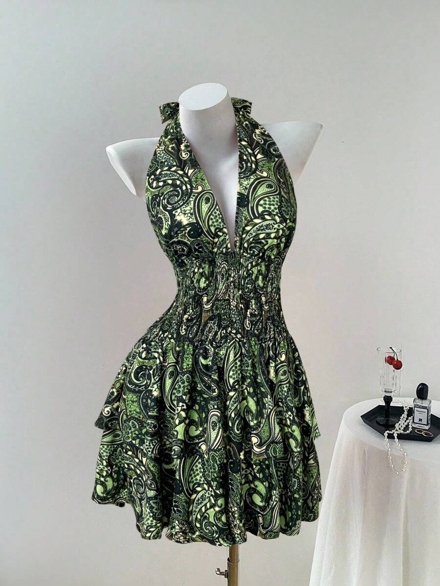 Elamini فستان كاجوال للنساء بياقة على شكل حرف V بدون أكمام وخصر مرتفع مزخرف بنقشة زهور صغيرة، مناسب للربيع والصيف - متعدد الألوان - مشاهدة 1