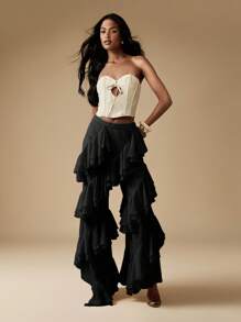 MISSGUIDED 夸张荷叶边层叠雪纺阔腿裤，个性晚装，适合各种场合的阔腿裤，适合派对穿着 - 黑色 - 查看 1