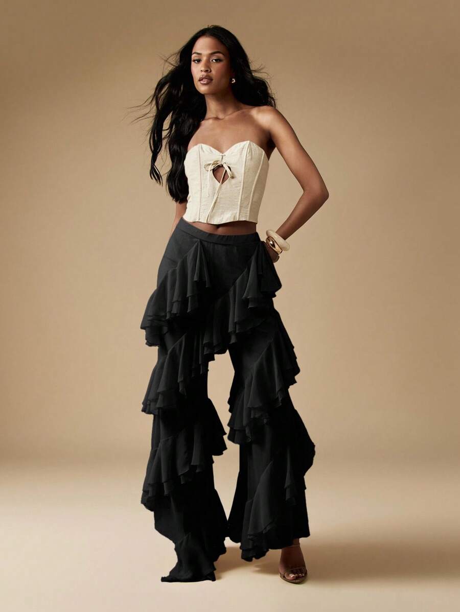 MISSGUIDED 夸张荷叶边层叠雪纺阔腿裤，个性晚装，适合各种场合的阔腿裤，适合派对穿着 - 黑色 - 查看 1