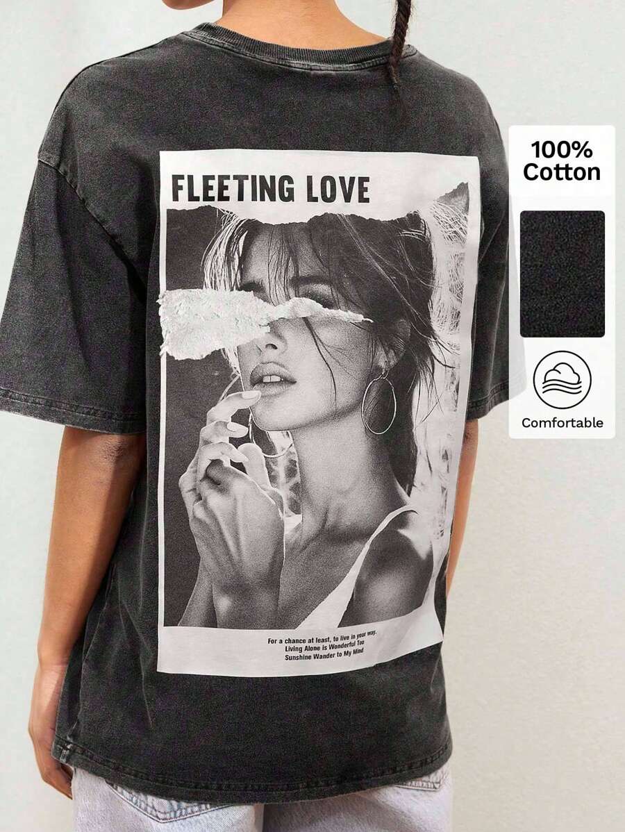 Maija 女士时尚黑色图案印花 T 恤，柔软舒适，宽松圆领落肩，现代都市时尚设计，背面采用大型数码印花装饰，适合俱乐部穿着，Y2K 风格 - 黑色 - 查看 1