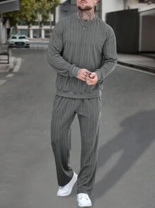 Manfinity Homme Men's Geometric Pattern Long Sleeve Sweatshirt And Sweatpants Casual Tracksuit Set,Fall Clothes