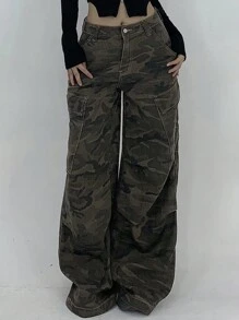 Dazy Tall 女款大尺碼迷彩印花寬鬆工裝貨物褲/牛仔褲，適合高個女性 - 軍綠色 - 查看 2