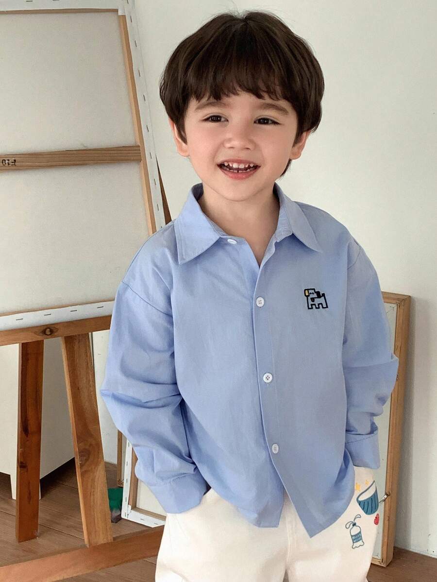 Hapijoa 秋季幼儿男童宽松休闲卡通刺绣衬衫 - 藍色 - 查看 1