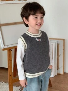 儿童秋装幼儿男童宽松毛衣背心腊肠犬宽松休闲可爱图案刺绣秋季 - 灰色 - 查看 5