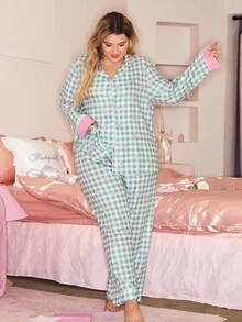 Bộ đồ ngủ kẻ caro gingham cài nút cỡ lớn kèm quần ngủ, trang phục mùa thu - màu xanh lá - Xem 5