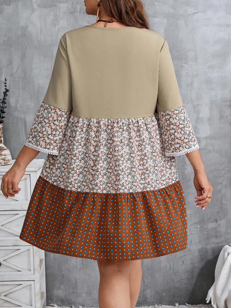 Plus Size Holiday Casual Three-Layer Color Matching Floral Stitching Lace Decoration Loose Baby Doll Dress Round Neck Knee-Length Dress Boho Dress Plus Size  Floral Plus Size Dress Plus Size Summer Dress Fall Dresses For Women Country Concert Outfit Plus Size Boho Dress Plus Size Floral Dress Fall Dresses For Women Bohemian