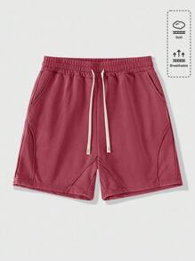 ROMWE MEN Street Life 男士纯色宽松抽绳腰口袋休闲短裤 - 紅色 - 查看 6
