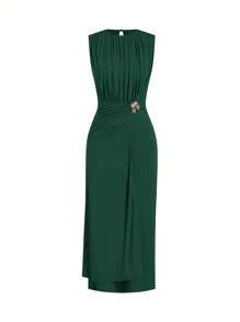 Ellevyn Summer Elegant Women's Solid Color Pleated Metal Decoration Sleeveless Hanging Knitted Long Skirt - Dark Green - View 3