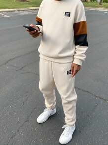 Tween Boy Sports Casual Contrast Color Round Neck Hoodie & Sweatpants 2pcs Set, Suitable For School, Home, Daily Wear, Sports, Versatile & Minimalist, Boys Sweatsuits Set, Boys 2 Piece Set, Teen Boys Sweatsuit, Boys Casual Set, Boys 2pc Set Fall Winter - Khaki - View 2