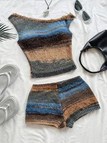 Dreamara Women's Plus Size New Gradient Knit Yarn Oblique Shoulder Two Pieces Set, Suitable For Afternoon Tea, Beach, Seaside, Etc. - Multicolor - View 1