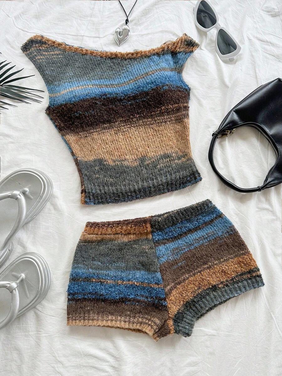 Dreamara Women's Plus Size New Gradient Knit Yarn Oblique Shoulder Two Pieces Set, Suitable For Afternoon Tea, Beach, Seaside, Etc. - Multicolor - View 1
