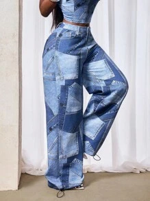 Slaydiva 女式休闲水洗抽绳下摆阔腿牛仔裤 - 藍色 - 查看 4