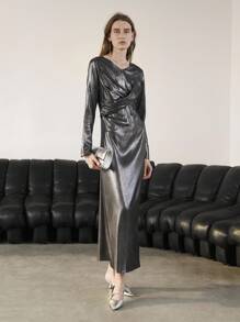 Uhlyne 女士简约度假连衣裙，V 领长袖手工褶裥系带裹腰连衣裙，金属灰色，秋季