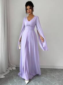 Rafferiza 紫色时尚简约优雅 V 领褶皱网眼灯笼袖女式春夏连体裤，搭配同色飘逸网眼装饰设计新颖女士连体裤 - 淡紫色 - 查看 3