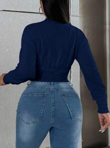 VaVaBold Áo khoác lửng dáng ôm màu trơn đơn giản - Màu xanh hải quân - Xem 2